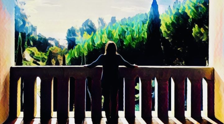 Woman contemplating dreams during divorce at the Getty Villa, Los Angeles