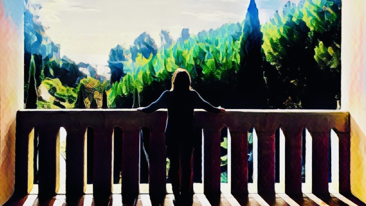 Woman contemplating dreams during divorce at the Getty Villa, Los Angeles